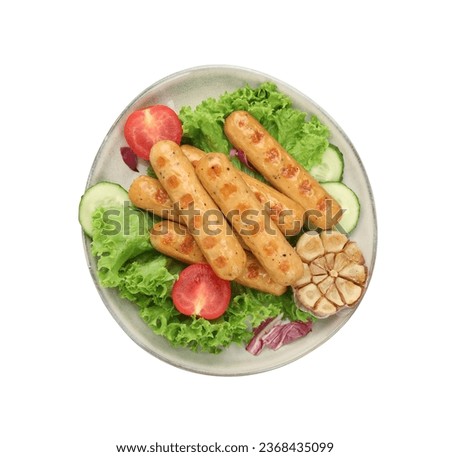 Plate with tasty grilled vegan sausages, vegetables and lettuce isolated on white, top view
