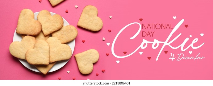 Plate with tasty heart shaped cookies on pink background. National Cookie Day - Powered by Shutterstock