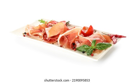 Plate With Tasty Jamon On White Background