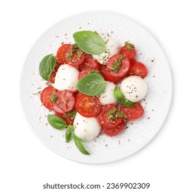 Plate of tasty salad Caprese with tomatoes, mozzarella balls and basil isolated on white, top view - Powered by Shutterstock