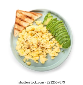 Plate Of Tasty Scrambled Eggs, Avocado And Toast On White Background