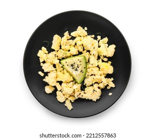 Plate Of Tasty Scrambled Eggs Isolated On White Background