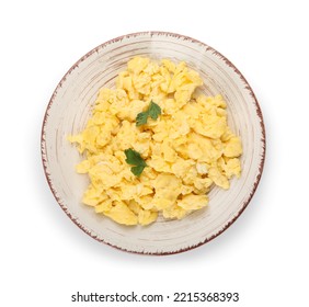 Plate Of Tasty Scrambled Eggs Isolated On White Background