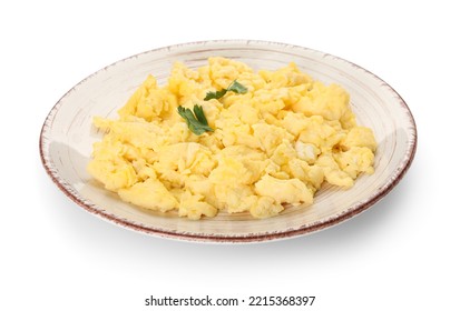 Plate Of Tasty Scrambled Eggs Isolated On White Background