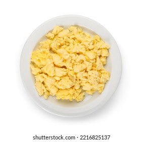 Plate Of Tasty Scrambled Eggs Isolated On White Background