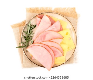 Plate with tasty slices of ham, rosemary and cheese isolated on white background - Powered by Shutterstock