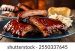 A plate of tender, juicy BBQ ribs glazed with a glossy, caramelized barbecue sauce.