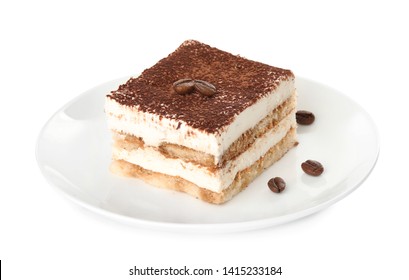 Plate Of Tiramisu Cake Isolated On White