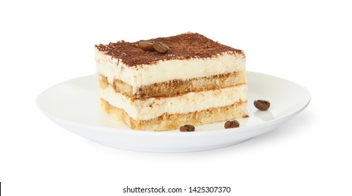 Plate Of Tiramisu Cake Isolated On White