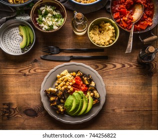 Plate With Various Salad Meals . Vegetarian Salad Bar With Variety Of Vegetarian Food Bowls, Top View.  Healthy Eating And Cooking, Clean Or Diet Food Concept