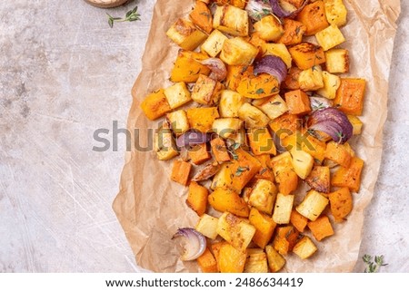 Similar – Image, Stock Photo Baked sweet potato with vegetable filling.