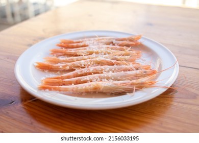 A Plate With White Prawns From Huelva, Spain. The White Shrimp Or (Parapenaeus Longirostris) Is A Species Of Decapod Crustacean Of The Penaeidae Family That Generally Has Its Habitat In The Atlantic.