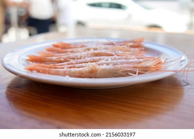 A Plate With White Prawns From Huelva, Spain. The White Shrimp Or (Parapenaeus Longirostris) Is A Species Of Decapod Crustacean Of The Penaeidae Family That Generally Has Its Habitat In The Atlantic.