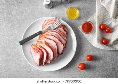 Plate With Yummy Sliced Baked Ham On Table