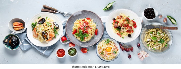 Plates Of Pastas With Different Kinds Of Sauces, Top View.  Italian Food Concept. Panorama, Banner