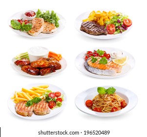 Plates Of Various Meat, Fish And Chicken  On White Background