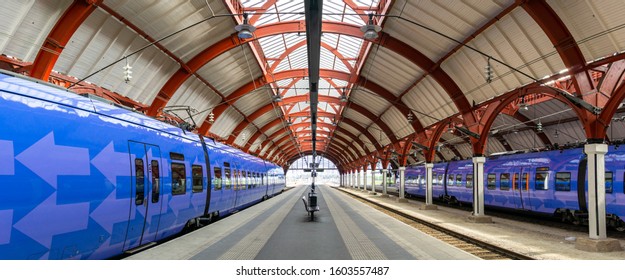 Platform In Malmö's Central Station With Two Blue Swedish Trains And No People. Malmö, Sweden - September 2019