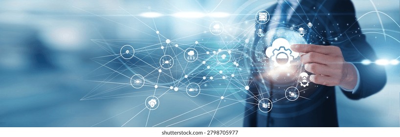 Platform as a Service developer holding cloud model Platform as a Service icon: a digital framework enabling scalability supporting application deployment enhancing collaboration empowering innovation
