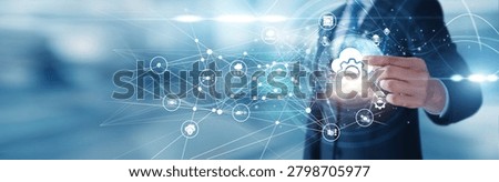 Platform as a Service developer holding cloud model Platform as a Service icon: a digital framework enabling scalability supporting application deployment enhancing collaboration empowering innovation