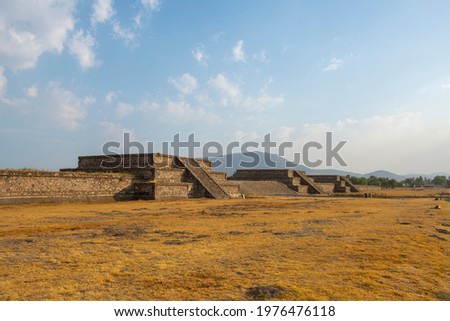 Platform at Temple of Quetzalcoatl at Citadel in Teotihuacan in city of San Juan Teotihuacan, State of Mexico, Mexico. Teotihuacan is a UNESCO World Heritage Site since 1987. 