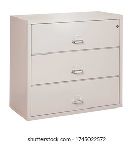 Platinum 3-Drawer Lateral File Cabinet Isolated On White. Side View Wooden Three Doors Bedroom Chest Drawer. Wood Dresser Mirror. Modern Bureau & Cabinet. Chest Of Drawer Table. Bedroom Furniture