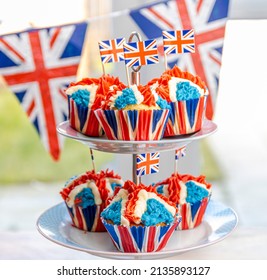 Platinum Jubilee Cupcakes in the Design of the Union Jack. Designed to celebrate the Queen's Jubilee but same image can be useful to celebrate the King Charles III's Coronation in UK 
