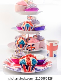 Platinum Jubilee Cupcakes in the Design of the Union Jack. Designed for the upcoming street parties in the summer to celebrate the Queen's Jubilee.  - Shutterstock ID 2135893129