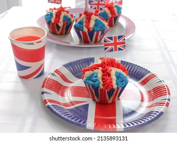 Platinum Jubilee Cupcakes in the Design of the Union Jack. Designed for the upcoming street parties in the summer to celebrate the Queen's Jubilee.  - Shutterstock ID 2135893131