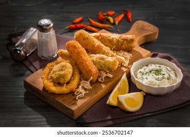 A platter of assorted deep-fried appetizers, including onion rings, cheese sticks, and vegetable tempura, is arranged on a wooden board. The dish is garnished with fresh herbs and a side of tartar sau - Powered by Shutterstock