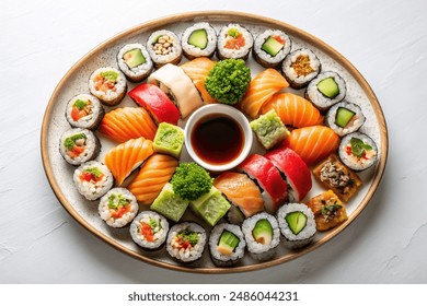 A platter of assorted sushi rolls with soy sauce, wasabi, and pickled ginger, top view, on a white background - Powered by Shutterstock