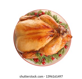 Platter Of Cooked Turkey With Garnish On White Background, Top View