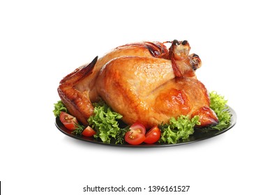 Platter Of Cooked Turkey With Garnish On White Background