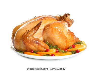 Platter Of Cooked Turkey With Garnish On White Background