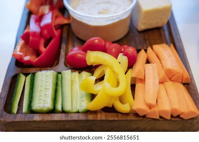 Platter of crudites, healthy vegetable assortment of carrots, cucumber, bell peppers strips, cherry tomatoes, all neatly placed on a wooden board alongside a bowl of hummus dip and a block of cheese - Powered by Shutterstock