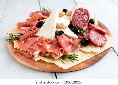 Platter Of Delicious Italian Appetizers, Prosciutto, Salami And Cheese 