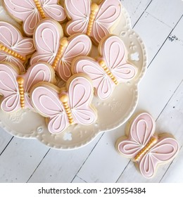 A Platter Of Pink Butterfly Sugar Cookies 