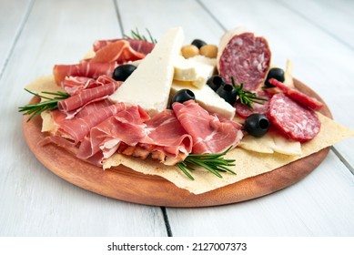 Platter With Salami, Prosciutto Crudo And Fresh Cheese, Italian Appetizers 