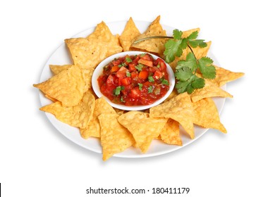 Platter Of Tortilla Chips And Salsa Cut Out On White Background