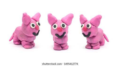 Play Doh Cat On White Background. Handmade Clay Plasticine