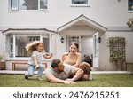 Play, happy family or child in backyard at new house, real estate and garden in residential neighborhood. Mother laughing, father and girl with smile outside for property investment or games on grass