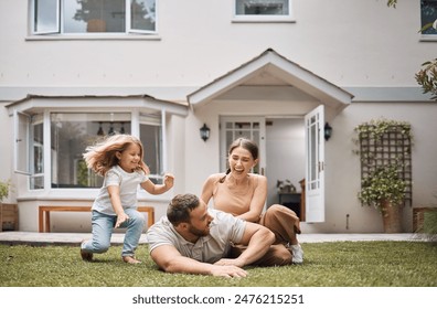 Play, happy family or child in backyard at new house, real estate and garden in residential neighborhood. Mother laughing, father and girl with smile outside for property investment or games on grass - Powered by Shutterstock