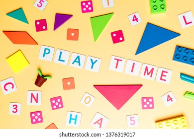 Play time concept with toy and objects for child education concept on Yellow background