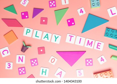 Play time concept with toy and objects for child education concept on pink background