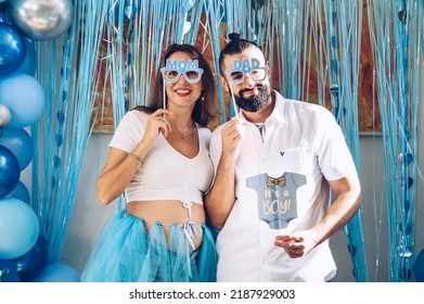 Playa Del Carmen  Mexico - 08.01.2022: Celebrating Baby Shower Party. Parents Are Smiling And Laughing. Baby-shower Party, It's A Boy. Ideas Of Baby Shower Outfit. Decoration Of The Party, Accessory. 