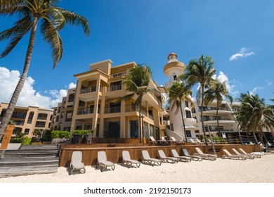 PLAYA DEL CARMEN,MEXICO-AUGUST 16,2022: Facade Of El Faro Resort Located At Playa Del Carmen , Mexico.