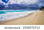 Playa Delfines beach in Cancun with powdery silver sands and Turquoise blue waters of the caribbean sea,during the October hurricane season in the Hotel Zone of Cancun,Quintana Roo,Mexico