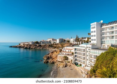 Playa El Salon In The Town Of Nerja, Andalucia. Spain. Costa Del Sol In The Mediterranean Sea.