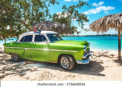 Playa La Herradura, Cuba - October 27, 2019: American Classic Car On The Beach Playa La Herradura, Province Las Tunas, Cuba