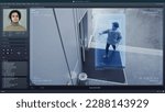 Playback CCTV camera on computer screen. Outside security camera of business office. AI program with facial recognition and personal profiles. Face scanning system. Digital surveillance and tracking.