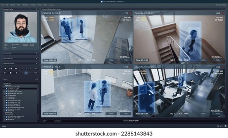 Playback CCTV cameras in business office on computer screen. Interface of AI futuristic program with information and recognition system. Security cameras. Concept of identification and tracking.